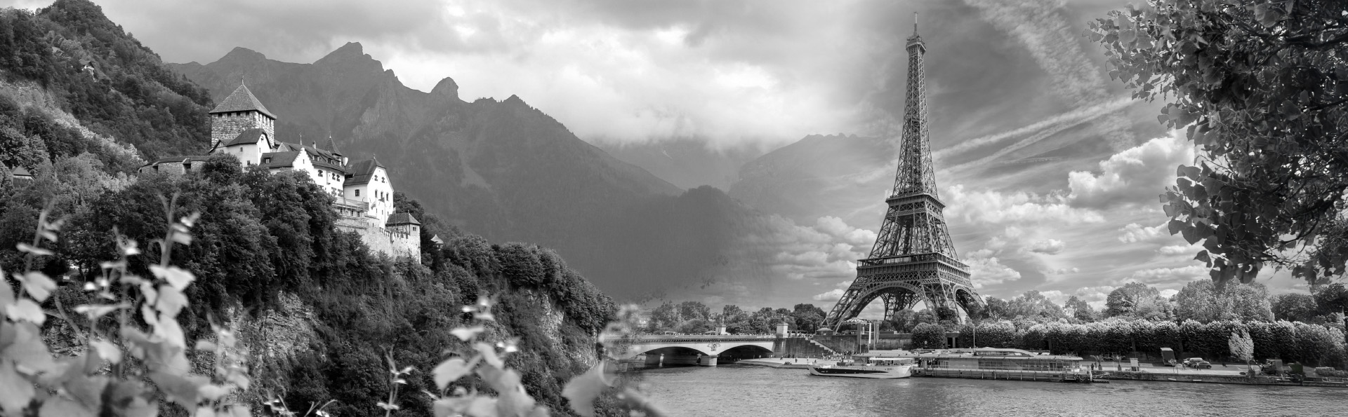 Bannière panoramique noir et blanc reliant le château de Vaduz et la tour Eiffel à Paris